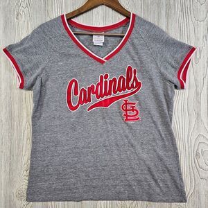 St Louis Cardinals Baseball V-Neck T-Shirt MLB Licensed Gray‎ Red Women's XXL
